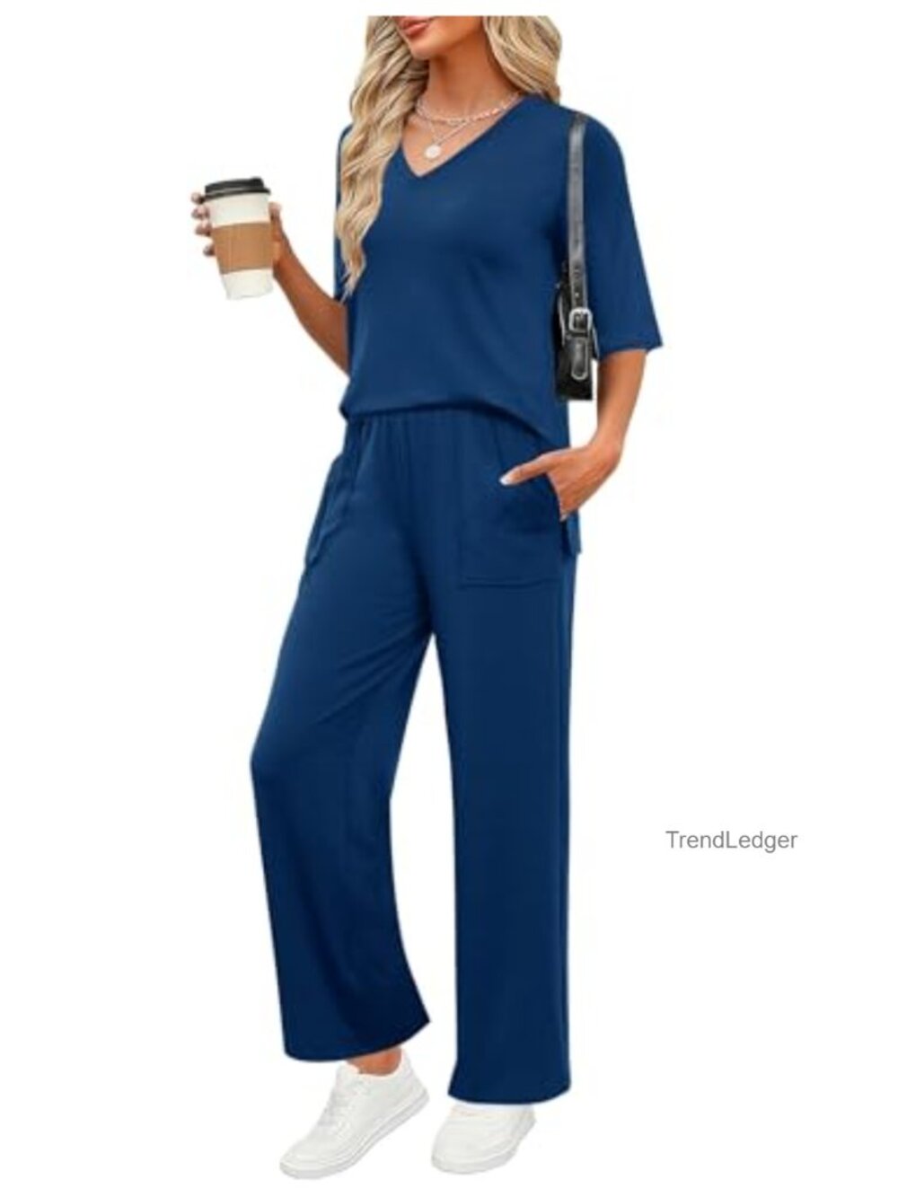 Women's 2 Piece Lounge Pajama Set 3/4 Sleeve Top and Wide Leg Pants with Pockets
